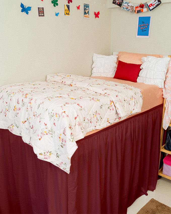 Flowyfrills– Microfiber Gathered Bed Skirt for Dorms - Burgundy-Bed Skirts-Shreem Linen-Slumber Sphere