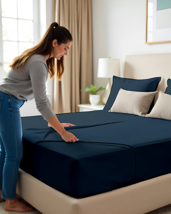 SleepNest 3 Piece Brushed Microfiber Fitted Sheet Set- Navy Blue