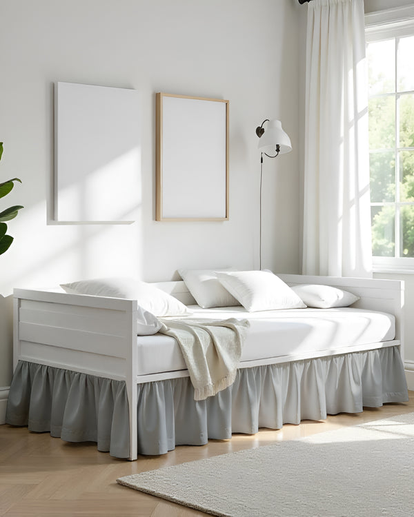 Silver Mist Daybed Skirt – Soft Light Grey Ruffle-Bed Skirts-Shreem Linen-Slumber Sphere