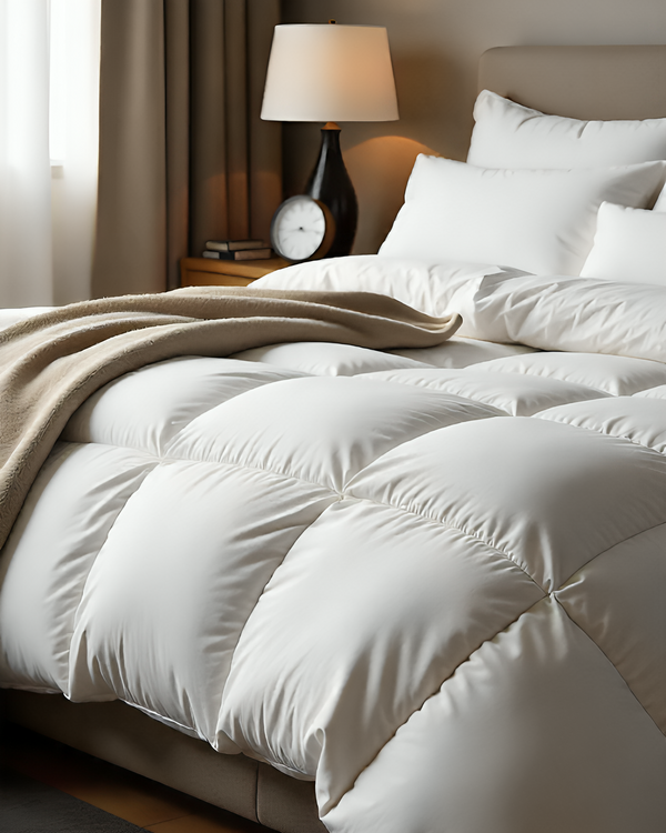 White comforter on a bed with a lamp and clock in the background
