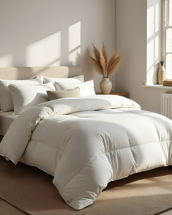 White comforter on a bed in a bright bedroom with natural light.