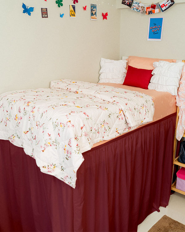 Flowyfrills– Microfiber Gathered Bed Skirt for Dorms - Burgundy-Bed Skirts-Shreem Linen-Slumber Sphere