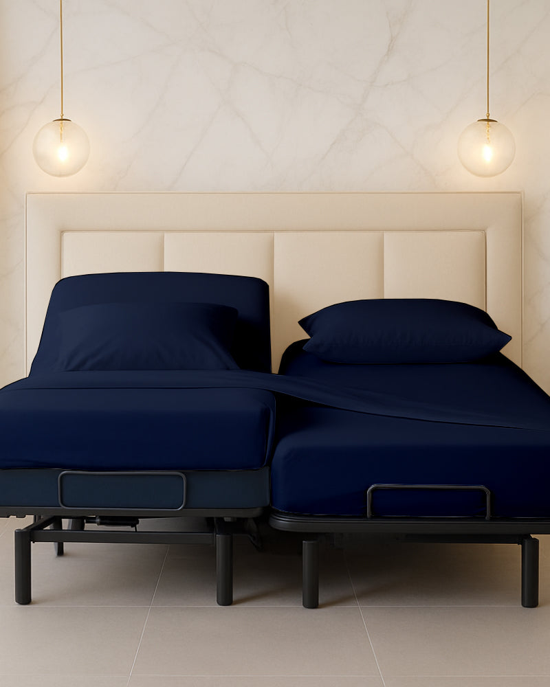 Snowy Giza Split Bed 5 Piece Sheet Set - Navy Blue