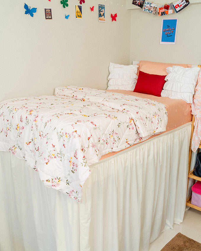 Flowyfrills– Microfiber Gathered Bed Skirt for Dorms - Ivory-Bed Skirts-Shreem Linen-Slumber Sphere