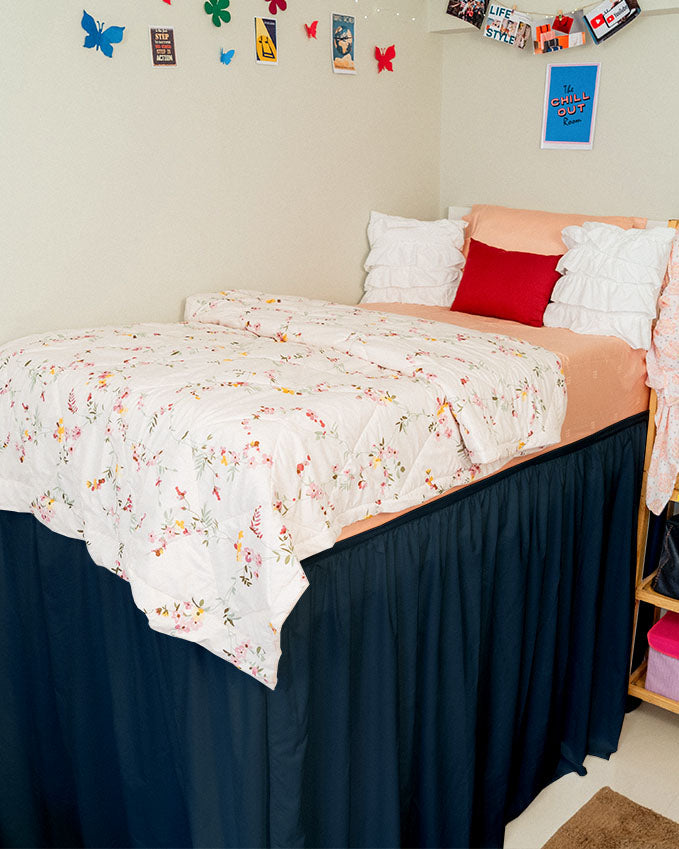Flowyfrills– Microfiber Gathered Bed Skirt for Dorms - Navy Blue-Bed Skirts-Shreem Linen-Slumber Sphere