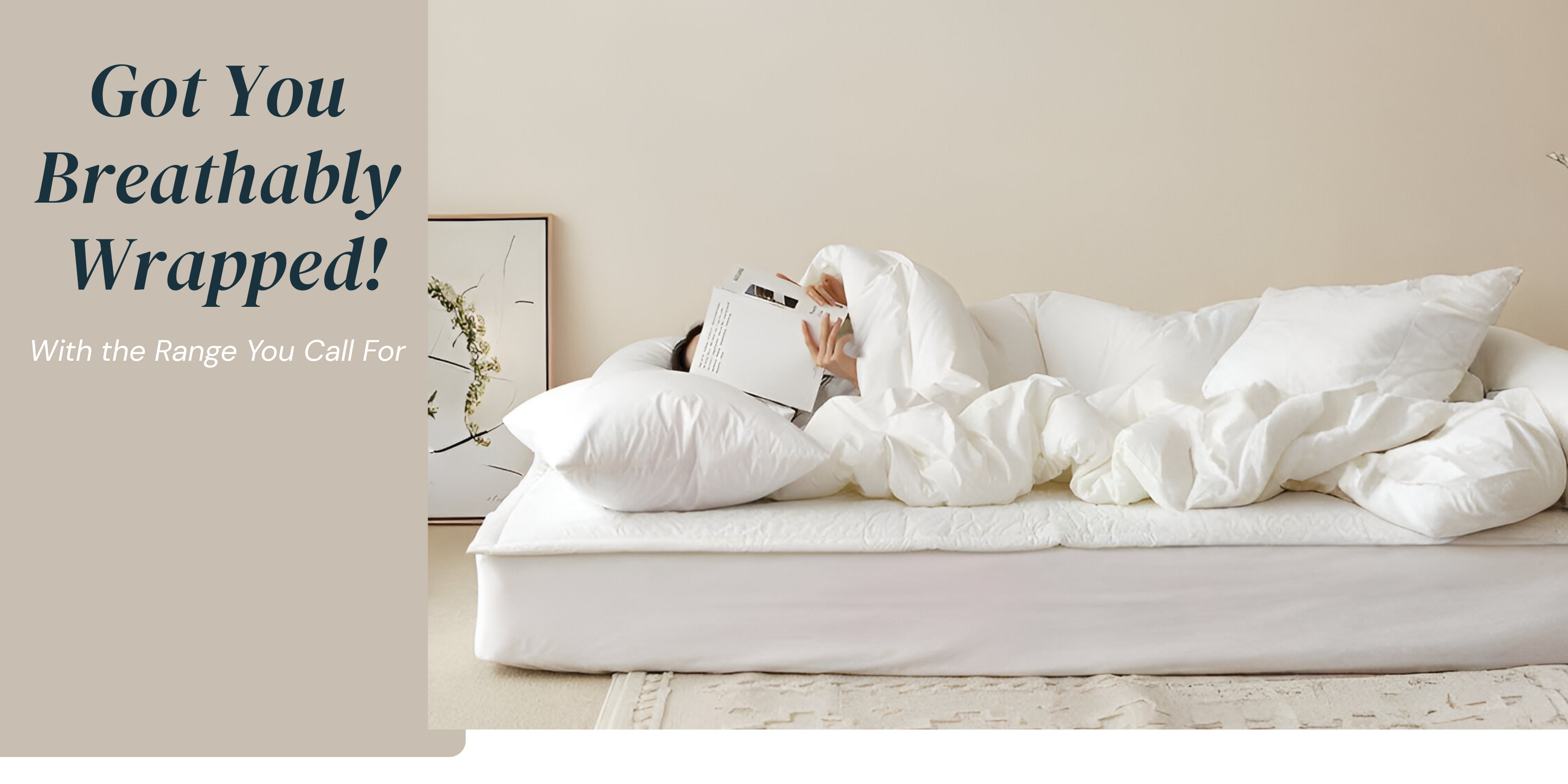 Dog wrapped in a white blanket on a couch with text 'Got You Breathably Wrapped!' and 'With the Range You Call For'.