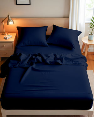 Royal Dreams, Extra Deep 4 Piece Cotton Sheet Set- Navy Blue