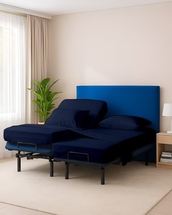 Snowy Giza Split Bed 5 Piece Sheet Set - Navy Blue