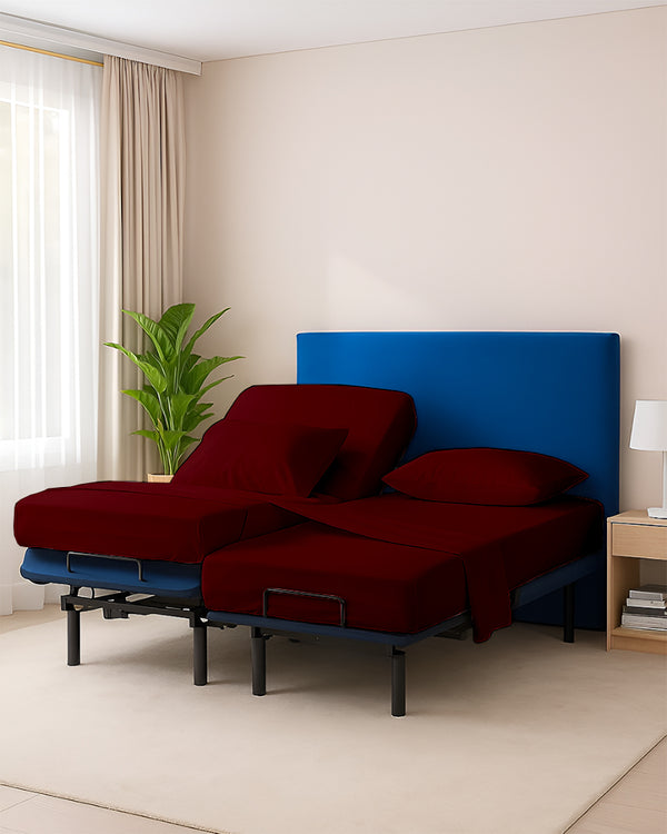 Snowy Giza Split Bed 5 Piece Sheet Set - Burgundy