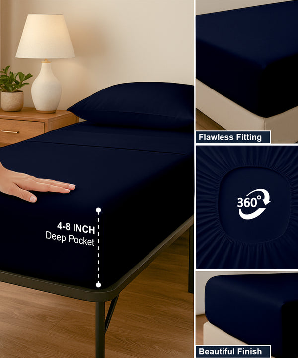 CloudLuxe – Sateen Finish Egyptian Cotton 4 Piece Cot Bedding Set - Navy Blue
