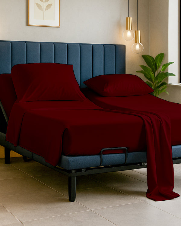 Snowy Giza Split Bed 5 Piece Sheet Set - Burgundy