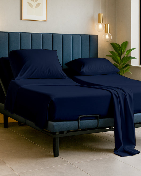 Snowy Giza Split Bed 5 Piece Sheet Set - Navy Blue