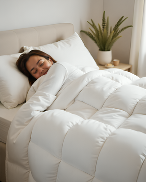 Woman sleeping under a white comforter in a cozy bedroom.
