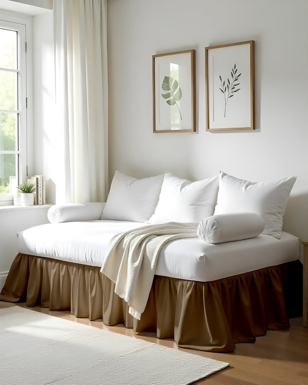 Sun-drenched Haven Ruffle Daybed Skirt – Calm Taupe Tone-Bed Skirts-Shreem Linen-Slumber Sphere