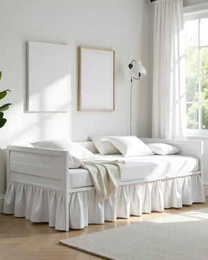 Snowfall Ruffle in Soft Elegance – Crisp White Daybed Skirt-Bed Skirts-Shreem Linen-Slumber Sphere