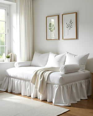 Snowfall Ruffle in Soft Elegance – Crisp White Daybed Skirt-Bed Skirts-Shreem Linen-Slumber Sphere